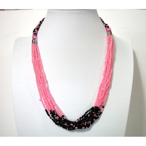 Handmade Multi-Strand Pink & Black Beaded Necklace With Metal Clasp Closure5 blk - Picture 3 of 4
